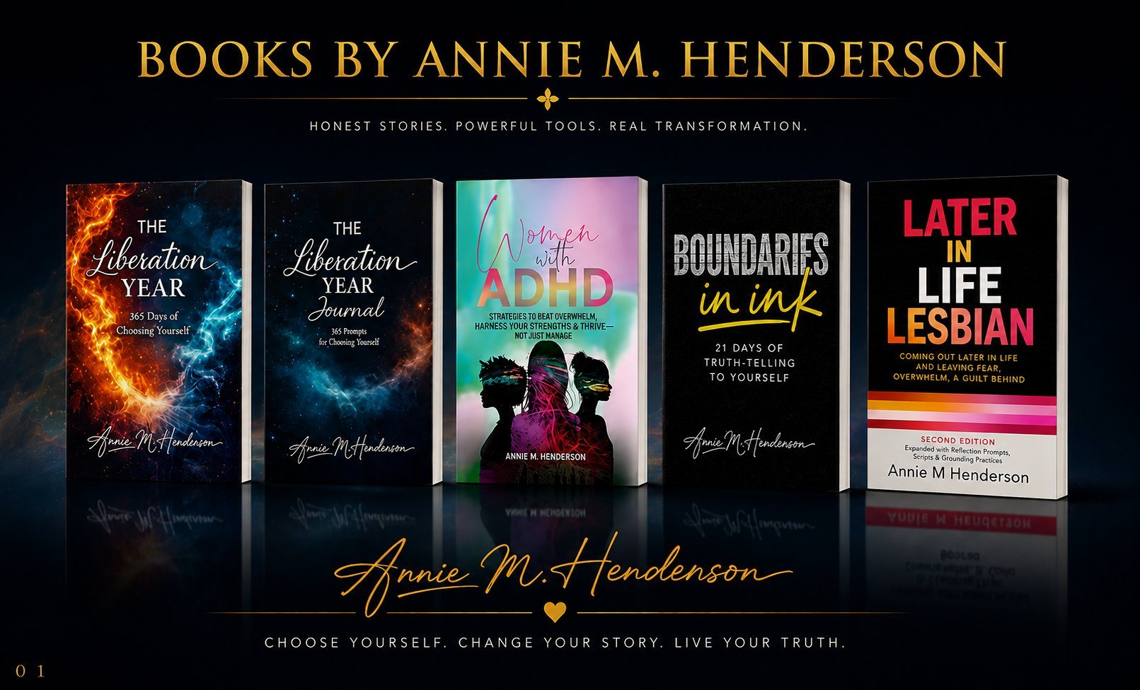 Books by Annie M. Henderson - The Liberation Year, Later in Life Lesbian, Women with ADHD, The Liberation Year Journal, Boundaries in Ink