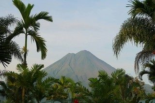 Arenal Volcano framed by palm trees